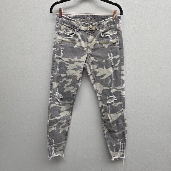 Zara Basic Z1975 Denim Jeans Womens 6 Gray Camo Distressed Skinny Frayed Hem - Picture 1 of 11